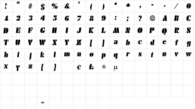 CadoDisplaySSK Italic  glyph index