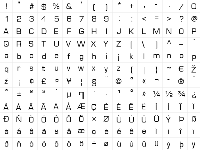 Eurostile LT Regular  glyph index