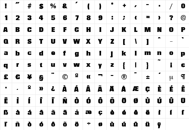 WalterBecker-Black Regular  glyph index