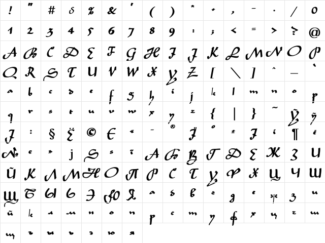 Legende Bold  glyph index