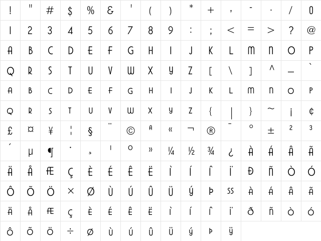 ModifiedGothic Regular  glyph index
