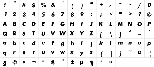 FuturaFuturisC Bold Italic  glyph index