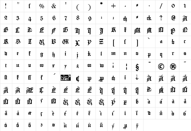 Gutenberg Textura Regular  glyph index