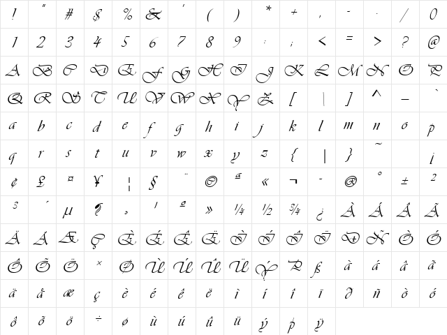 Vivaldi Italic  glyph index