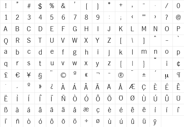 StephenBecker-ExtraLight Regular  glyph index