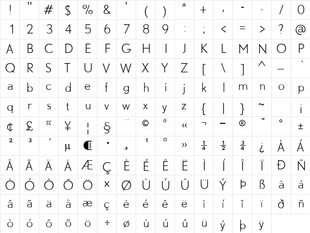 Nobel Dtl Light  glyph index