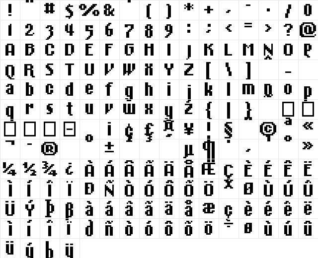 01Cinematix Bold  glyph index