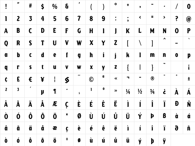 Almonda Condensed Regular  glyph index