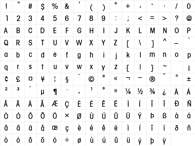 TrendexLightCondSSK Regular  glyph index