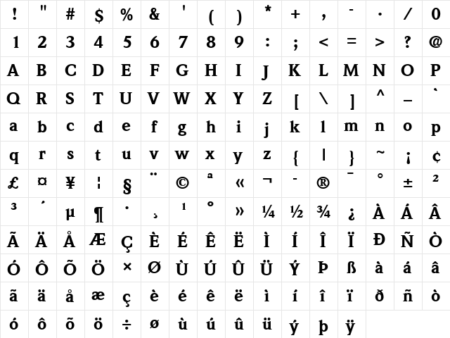 Weidemann LT Medium Bold  glyph index