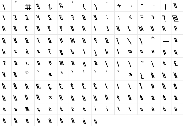 Buckingham Oblique Regular  glyph index