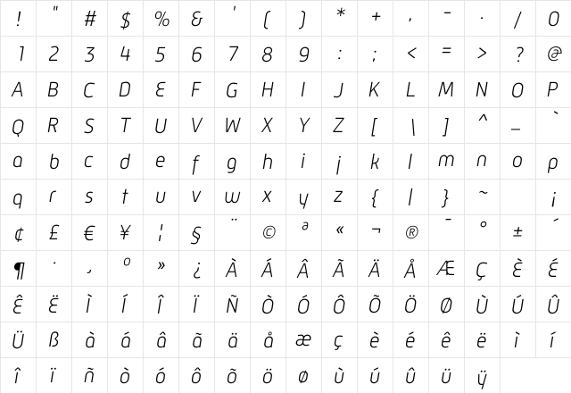 Mic 32Light Oblique Regular  glyph index