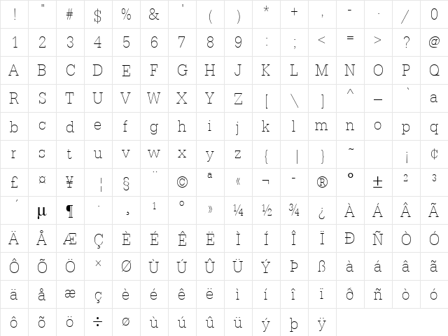 URWTypewriterTExtLigExtNar Regular  glyph index