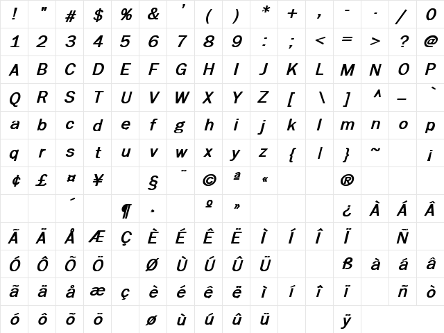 Moby Dick 15 Bold Italic  glyph index