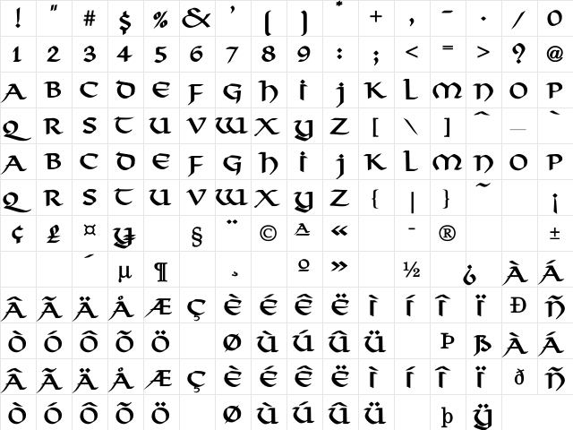 Valhalla-BO Regular  glyph index