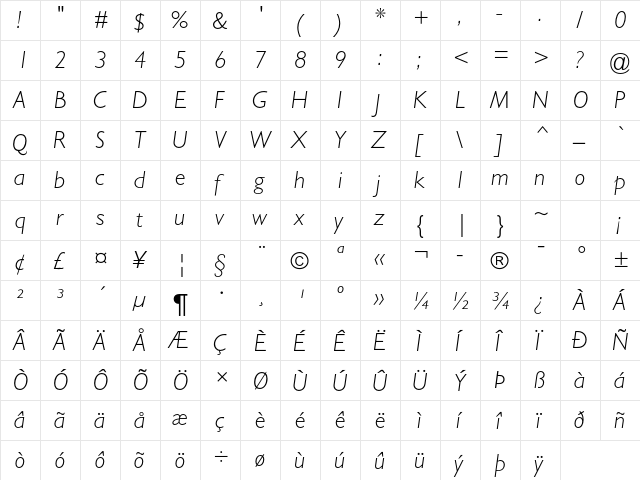 Gill Sans MT Pro Light Italic  glyph index