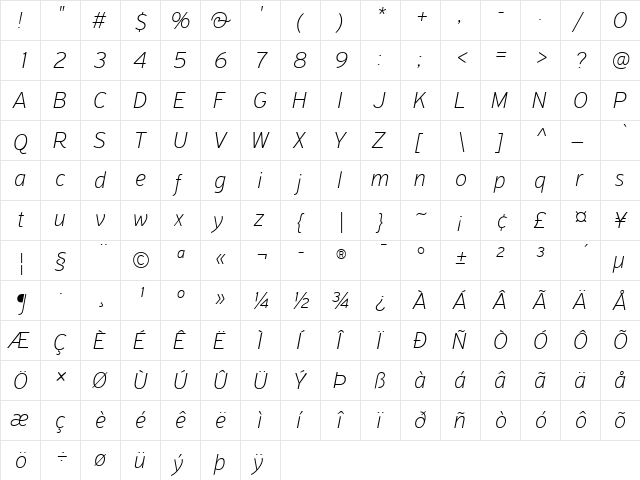 PF Highway Sans Pro Thin Italic  glyph index