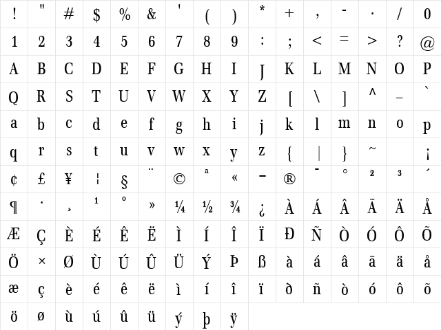 Emona Cond Regular  glyph index