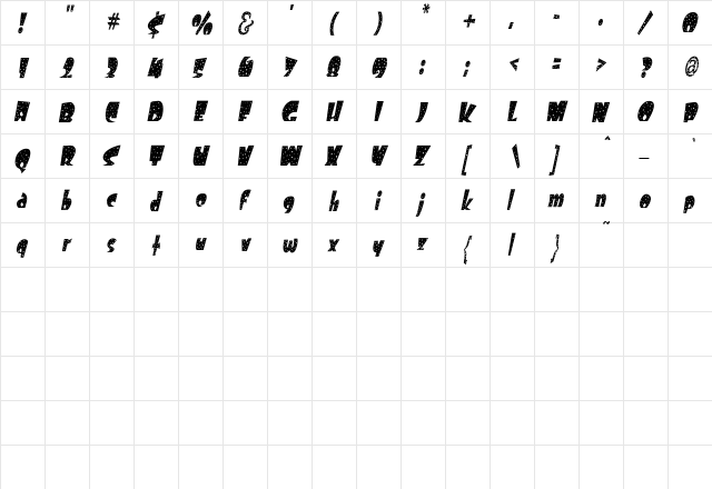 FreckleCondensed Oblique  glyph index