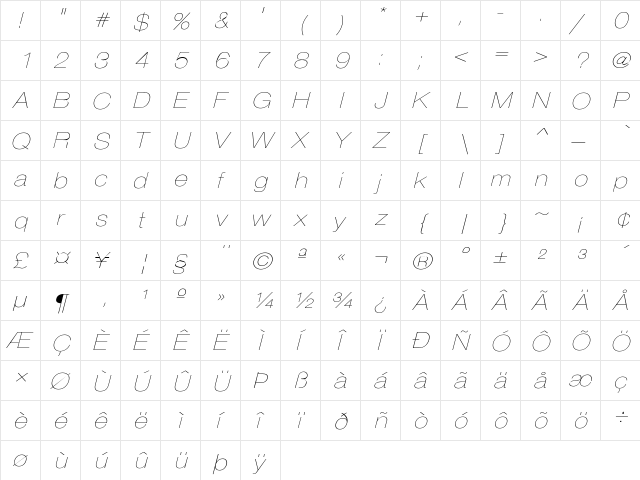 HelveticaExtObl-Thin Regular  glyph index