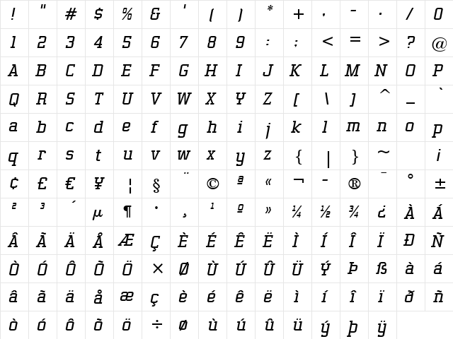 Gasoline Serif BTN Lt Oblique  glyph index