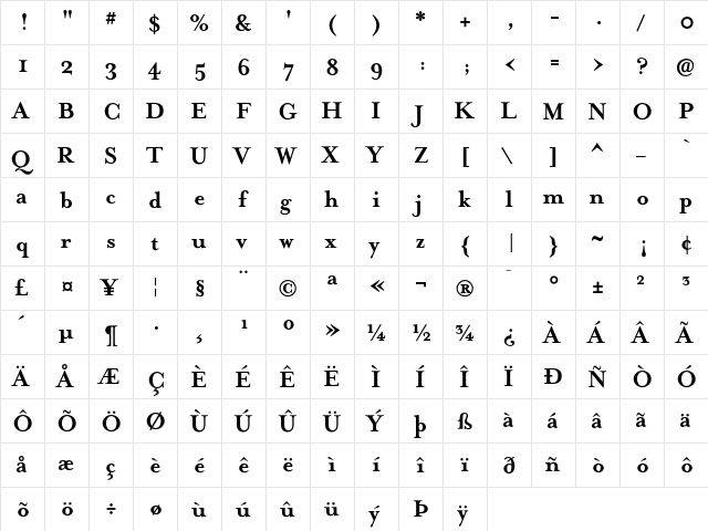 MrsEaves Bold  glyph index