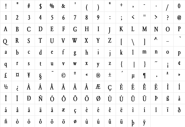 Yearlind-Normal Condensed Bold  glyph index