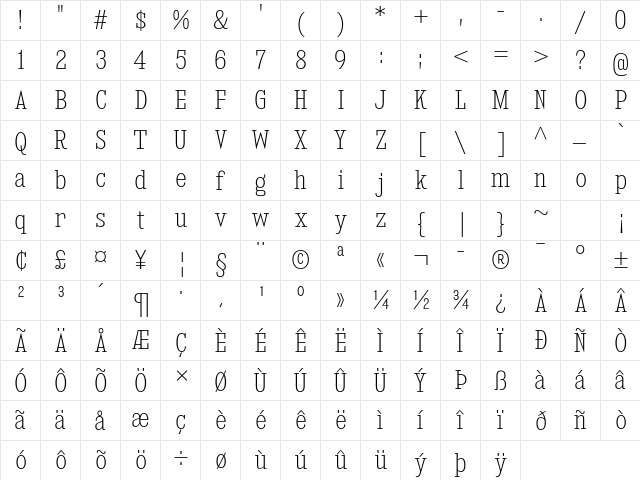 Kingsbridge Condensed ExtraLight  glyph index