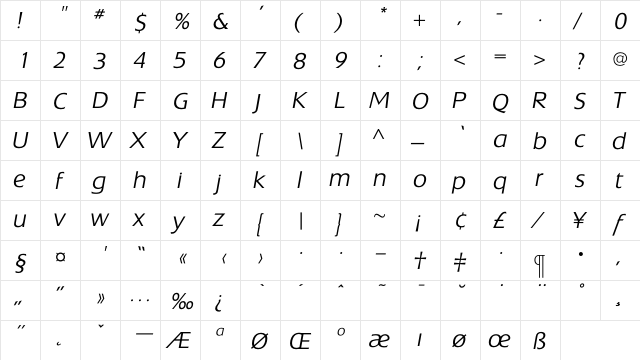 ExtensionLightItalic Regular  glyph index
