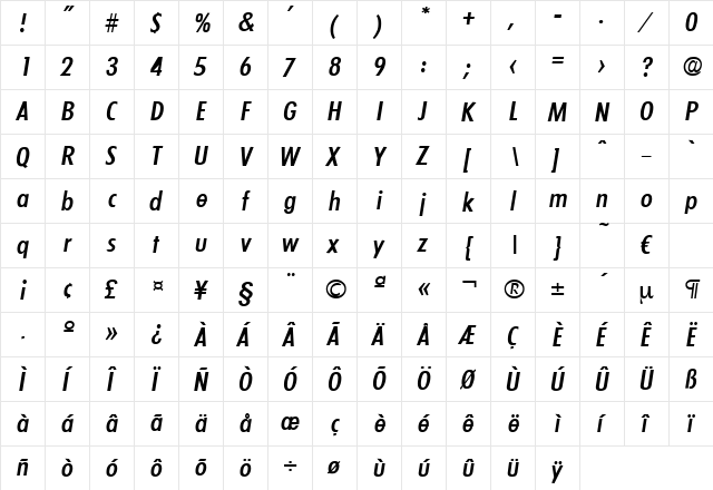 Limerick-MediumCondIta Regular  glyph index