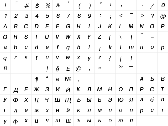 Geneva Normal-Italic  glyph index