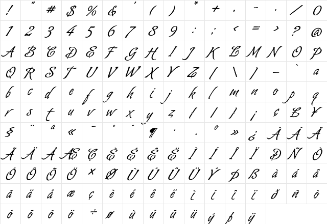 Almond Script Alt Regular  glyph index
