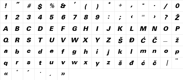 Universans750_PP Bold  glyph index