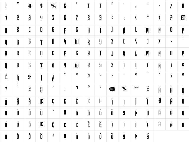 The Immortal Condensed Condensed  glyph index