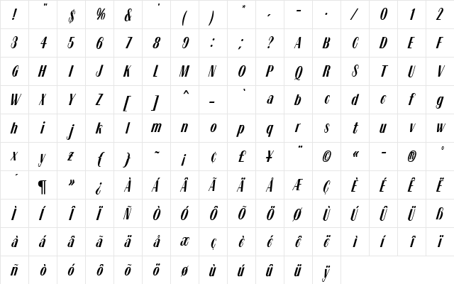 Tzigane MN Regular  glyph index