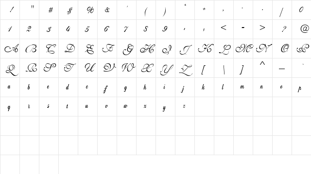Wedding Script Bail Regular  glyph index
