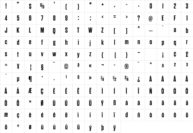 Dharma Gothic E Bold  glyph index