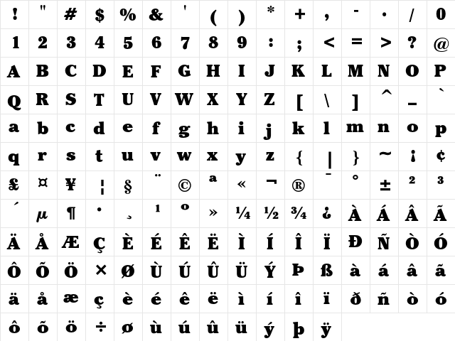 ITC Cheltenham Ultra  glyph index