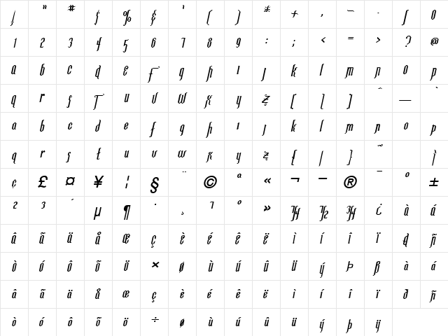 IpswichExtended Bold Italic  glyph index