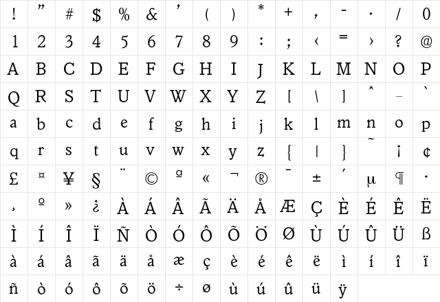 Granada-Light Regular  glyph index