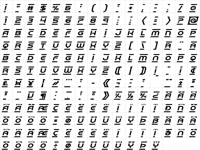 Barcade Expanded Italic Expanded Italic  glyph index