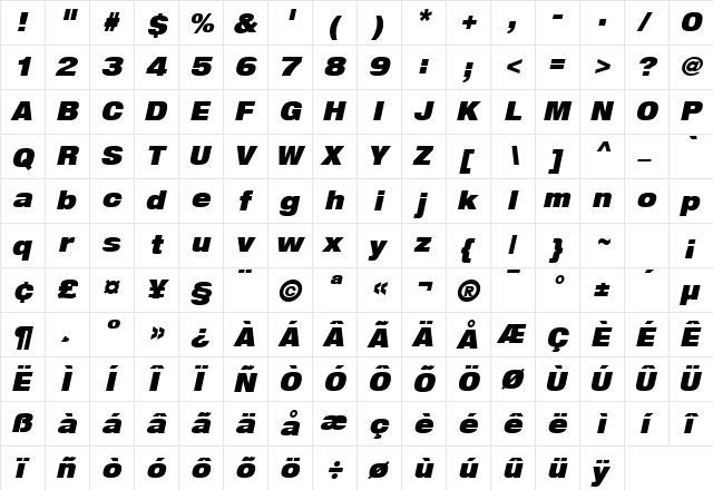 Heavenetica9P UBlkOblSH  glyph index
