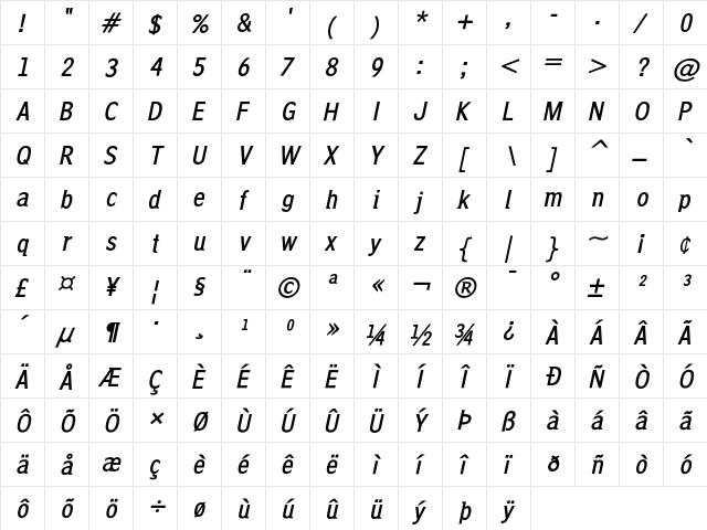 CliqueWedge BoldOblique  glyph index