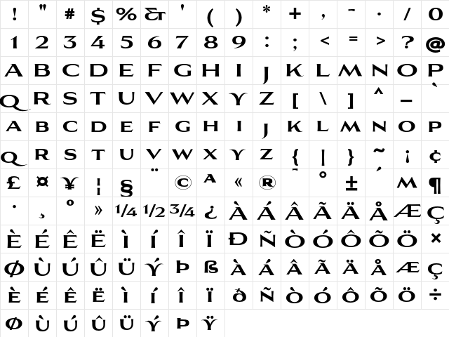 Aviano Flare Bold Bold  glyph index