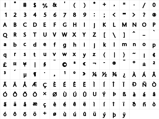 OskiWest Bold  glyph index