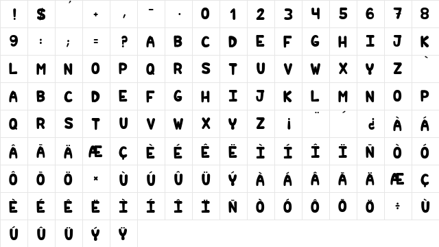 Hilarious Comics light Regular  glyph index
