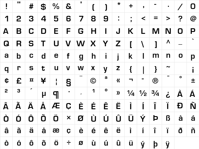 Eurostile LT Std Demi  glyph index