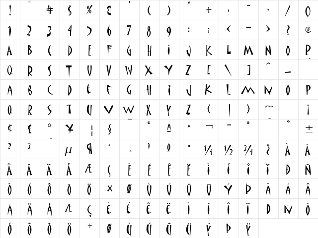 Matisse ITC TT Regular  glyph index