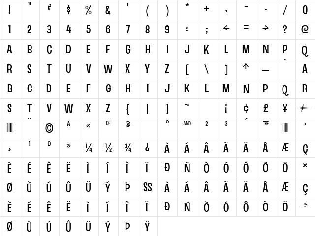 Sinzano Regular  glyph index