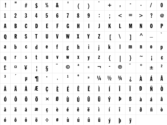 Franklin Gothic Extra Condensed  glyph index